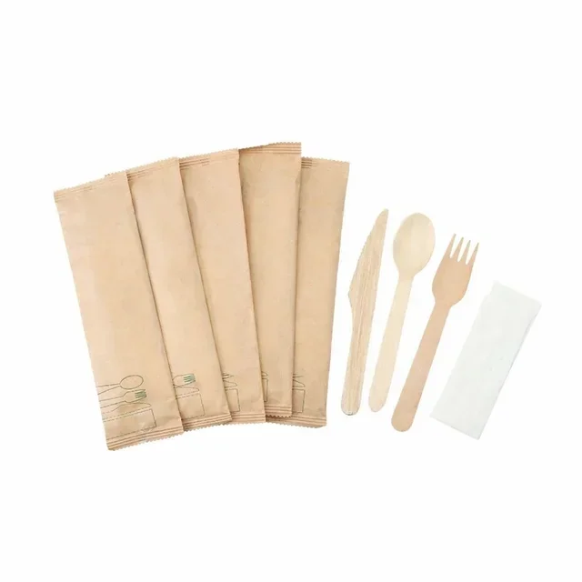 Wooden Cutlery Set of 4 - Knife, Fork, Large Spoon and Napkin - Pack of 500 Units