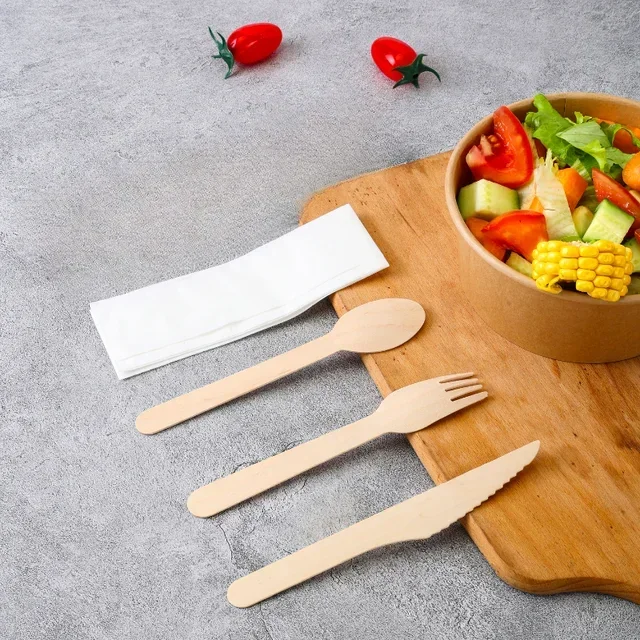 Wooden Cutlery Set of 4 - Knife, Fork, Large Spoon and Napkin - Pack of 500 Units