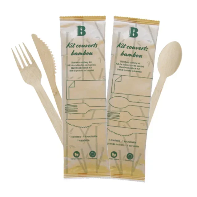 Eco-Friendly Disposable Bamboo Cutlery - Complete Set Knife, Fork and Napkin - Pack of 500 Units