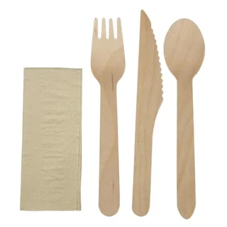 Eco-Friendly Wooden Cutlery 4-in-1 - Complete Set Fork Knife Spoon Napkin - Pack 250 Individually Wrapped Pieces