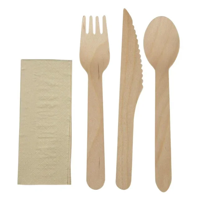 Eco-Friendly Wooden Cutlery 4-in-1 - Complete Set Fork Knife Spoon Napkin - Pack 250 Individually Wrapped Pieces