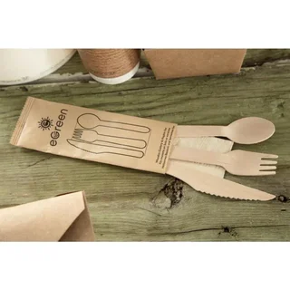 Eco-Friendly Wooden Cutlery 4-in-1 - Complete Set Fork Knife Spoon Napkin - Pack 250 Individually Wrapped Pieces