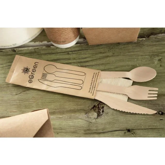 Eco-Friendly Wooden Cutlery 4-in-1 - Complete Set Fork Knife Spoon Napkin - Pack 250 Individually Wrapped Pieces