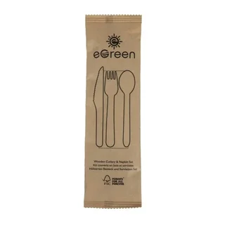 Eco-Friendly Wooden Cutlery 4-in-1 - Complete Set Fork Knife Spoon Napkin - Pack 250 Individually Wrapped Pieces
