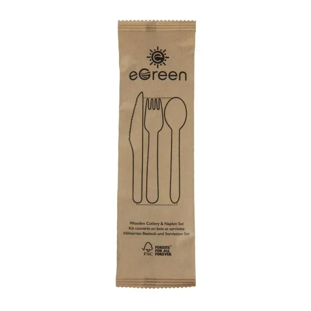 Eco-Friendly Wooden Cutlery 4-in-1 - Complete Set Fork Knife Spoon Napkin - Pack 250 Individually Wrapped Pieces