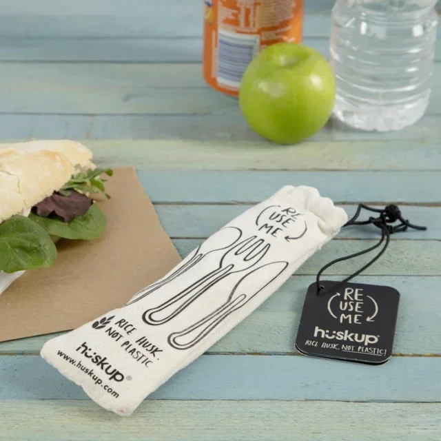 Kit de Talheres Ecológicos em Fibra de Arroz com Bolsa de Juta