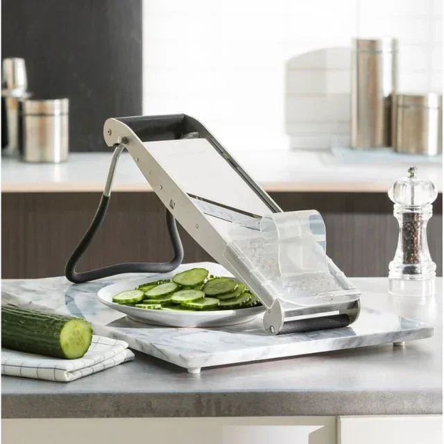 Stainless Steel Professional Kitchen Mandoline - Ergonomic Non-Slip Base + Safety Pusher and 2 Julienne Accessories