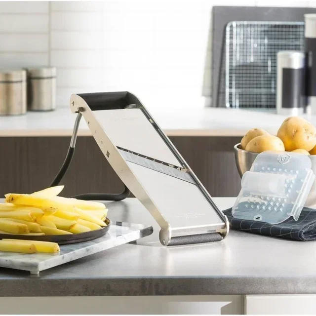 Stainless Steel Professional Kitchen Mandoline - Ergonomic Non-Slip Base + Safety Pusher and 2 Julienne Accessories