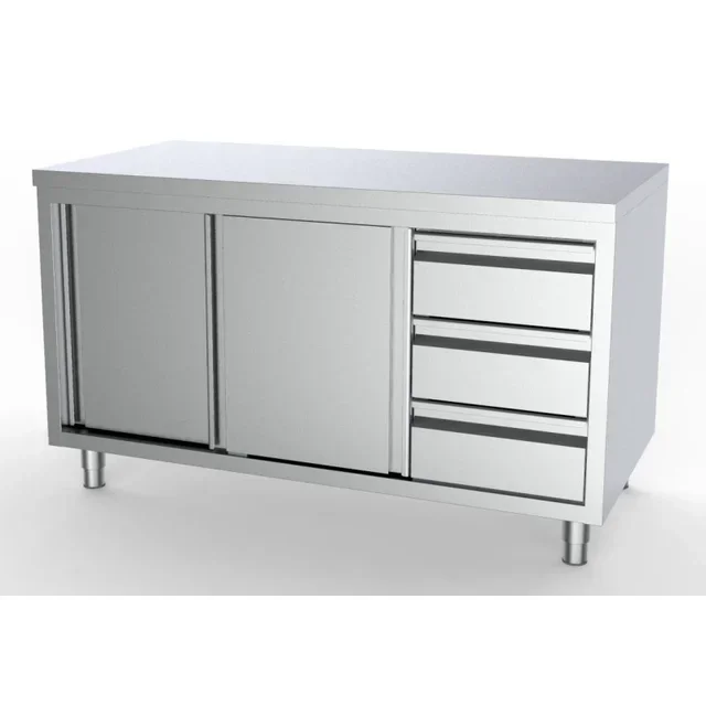 Meuble Bas Inox Gastronorm 1/1 - 2 Portes Battantes + 3 Tiroirs Droite - Largeur 200 cm x Profondeur 70 cm
