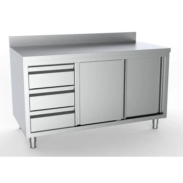 Meuble Bas Inox Professionnel avec Crédence - 2 Portes Battantes + 3 Tiroirs Gauche - Largeur 180 cm Profondeur 70 cm