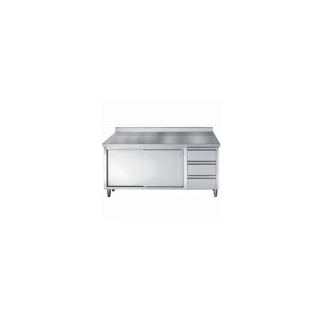 Armario de Almacenamiento de Acero Inoxidable con Salpicadero - 2 Puertas Batientes y 3 Cajones - Formato Gastronorm GN 1/1 - Ancho 180 cm Profundidad 70 cm