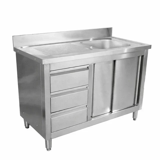 Spültisch 1 Becken mit Aufkantung und 3 Aufbewahrungsschubladen - 1200 x 600 mm - Beckenposition Rechts