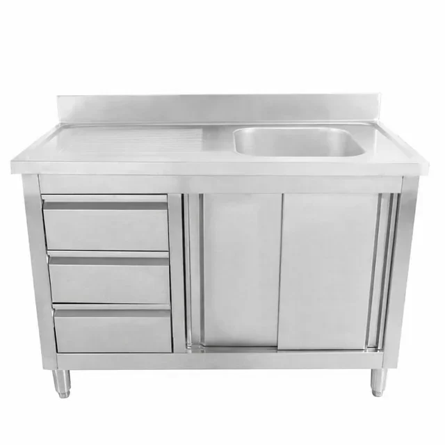 Sink Unit 1 Basin with Upstand and 3 Storage Drawers - 1200 x 600 mm - Right Hand Bowl Position