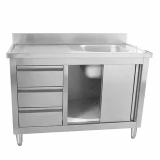 Spültisch 1 Becken mit Aufkantung und 3 Aufbewahrungsschubladen - 1200 x 600 mm - Beckenposition Rechts