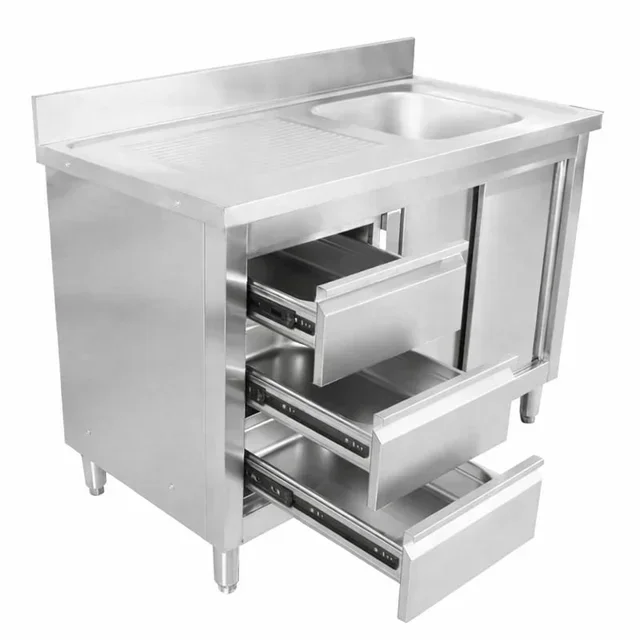 Spültisch 1 Becken mit Aufkantung und 3 Aufbewahrungsschubladen - 1200 x 600 mm - Beckenposition Rechts