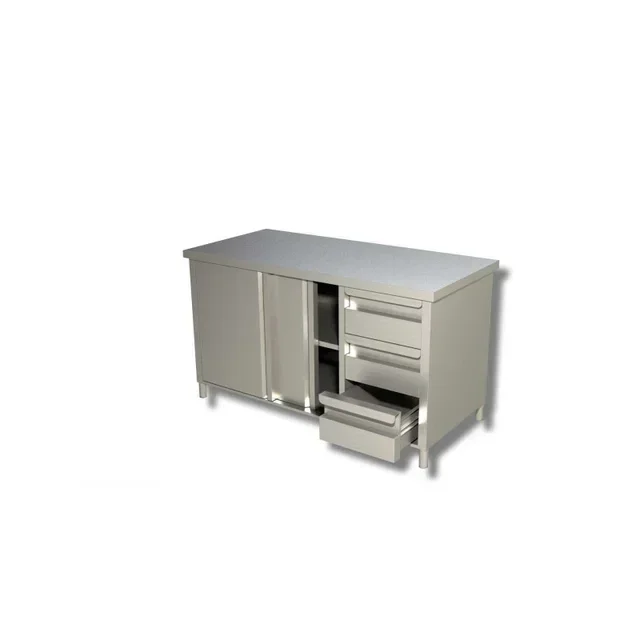 Mueble de Acero Inoxidable con Respaldo, 3 Cajones Derecha y Puertas Correderas - L 1800 x 700 mm