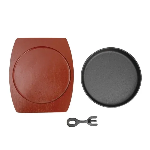 Runde Servierplatte aus Gusseisen auf Holzsockel - Durchmesser 22 cm