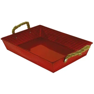 Bandeja Rectangular de Metal Rojo con Asas de Cuerda Dobles - 26 x 20 cm