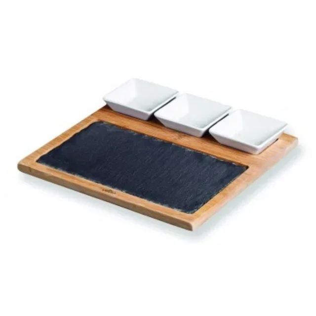 Slate and Bamboo Serving Tray with 3 Sauce Ramekins