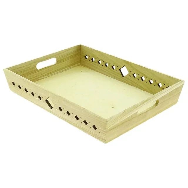 Plateau de Service en Bois Massif Motif Géométrique Ajouré au Laser - Format Rectangulaire 400 x 300 mm