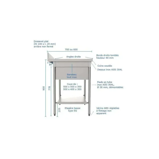 Edelstahlspüle 1 Becken mit Rechtem Abtropfbrett und Beckenabdeckung - Serie 600 - Breite 1200 mm