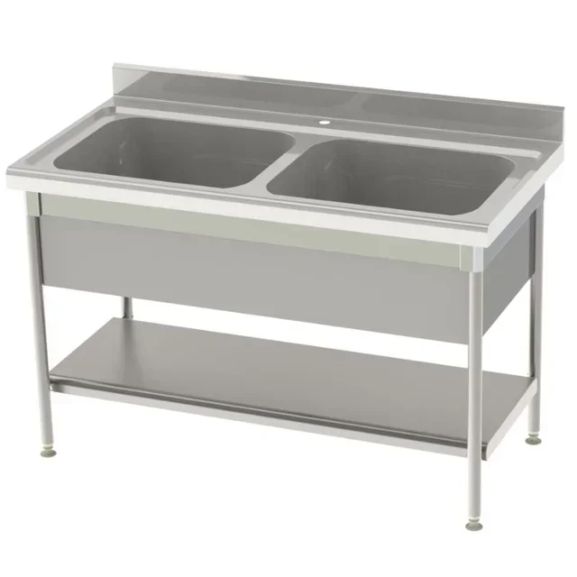 Edelstahl 2-Becken Profi-Spültisch mit Beckenabdeckung und Ablageboden - Tiefe 700 mm - Länge 1400 mm