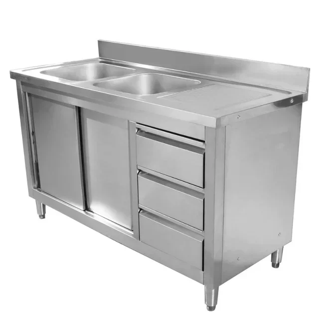 Stainless Steel Sink Unit with 2 Basins, Rear Upstand and 3 Storage Drawers - Width 140 cm, Depth 60 cm - Left-Side Basin Configuration