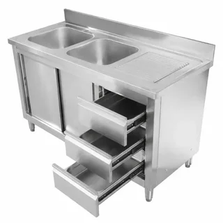 Stainless Steel Sink Unit with 2 Basins, Rear Upstand and 3 Storage Drawers - Width 140 cm, Depth 60 cm - Left-Side Basin Configuration