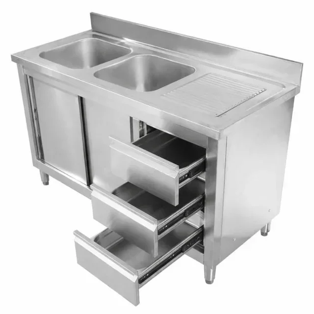 Stainless Steel Sink Unit with 2 Basins, Rear Upstand and 3 Storage Drawers - Width 140 cm, Depth 60 cm - Left-Side Basin Configuration