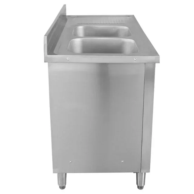 Stainless Steel Sink Unit with 2 Basins, Rear Upstand and 3 Storage Drawers - Width 140 cm, Depth 60 cm - Left-Side Basin Configuration