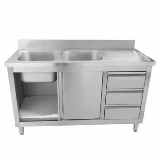 Stainless Steel Sink Unit with 2 Basins, Rear Upstand and 3 Storage Drawers - Width 140 cm, Depth 60 cm - Left-Side Basin Configuration