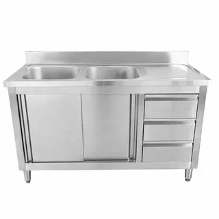 Stainless Steel Sink Unit with 2 Basins, Rear Upstand and 3 Storage Drawers - Width 140 cm, Depth 60 cm - Left-Side Basin Configuration