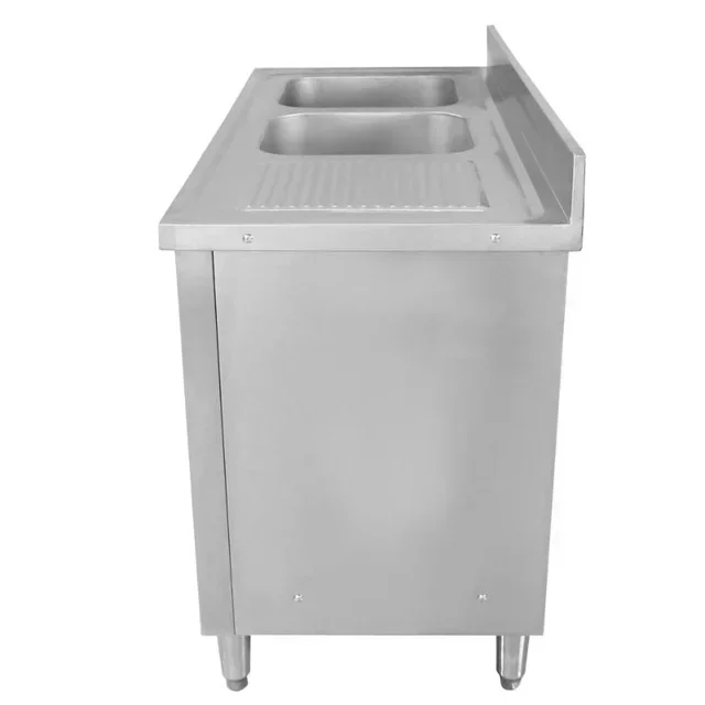 Stainless Steel Sink Unit with 2 Basins, Rear Upstand and 3 Storage Drawers - Width 140 cm, Depth 60 cm - Left-Side Basin Configuration