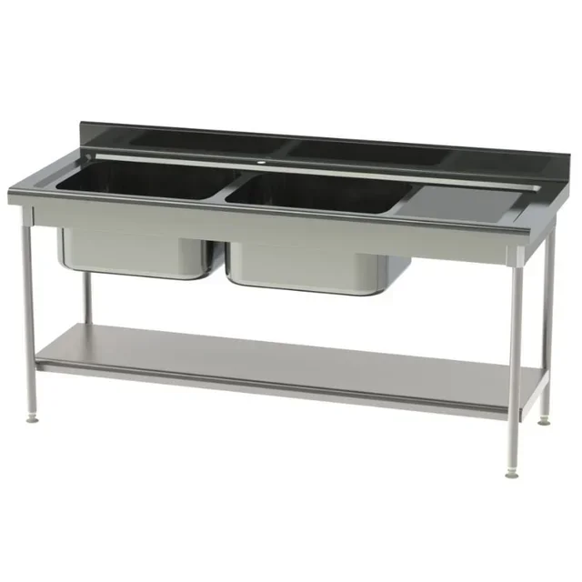 Edelstahlspüle 2 Becken mit rechtem Abtropfbrett und oberem Regal - Tiefe 700 mm - Länge 1900 mm