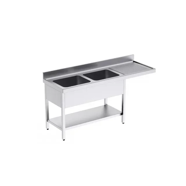Professional Double Bowl Sink with Upper Shelf and Right Dishwasher Cutout - Width 180 cm x Depth 60 cm