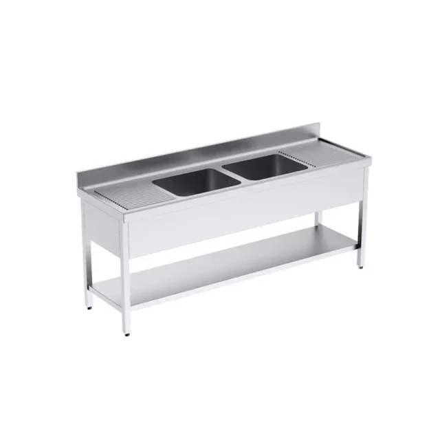Double Sink Basin with Central Shelf and Double Side Drainer - L2000 x D700 mm