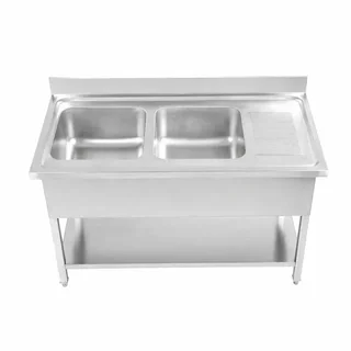 Stainless Steel Sink 2 Basins with Backsplash and Upper Shelf - Width 1400 mm x Depth 700 mm