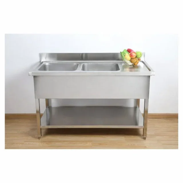 Stainless Steel Sink 2 Basins with Backsplash and Upper Shelf - Width 1400 mm x Depth 700 mm