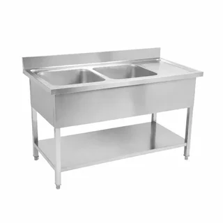 Stainless Steel Sink 2 Basins with Backsplash and Upper Shelf - Width 1400 mm x Depth 700 mm