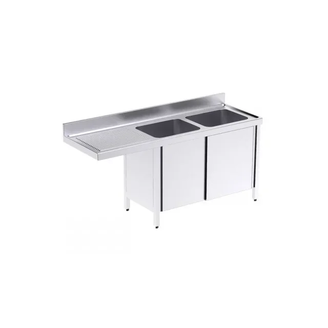Stainless Steel Sink 2 Bowls with Left Dishwasher Inlet and Sliding Door - Width 1800 mm x Depth 600 mm