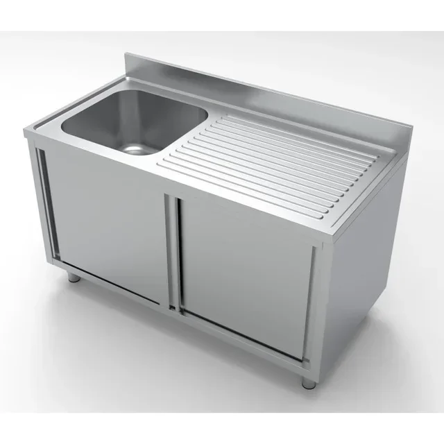 Stainless Steel Sink Cabinet 1 Basin with Right Drainer - Width 140 cm x Depth 70 cm