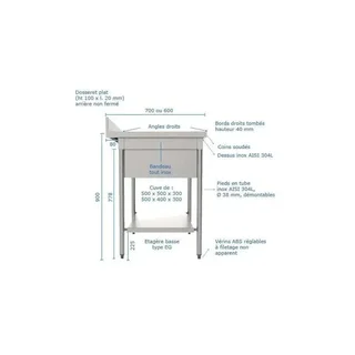 Spültrog 1 Becken mit Rechtem Abtropfbrett und Beckenabdeckung - Serie 700 - Breite 1200 mm