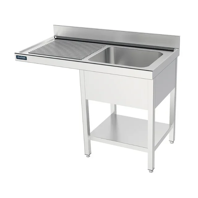 Stainless Steel 1-Basin Sink with Upper Shelf and Left-Side Dishwasher Cutout - Width 140 cm x Depth 70 cm