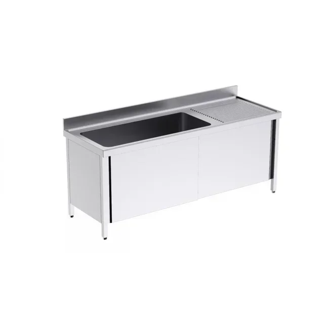 Lava-Louças Inox 1 Cuba com Armário Portas Batentes e Escorredor Integrado Direita - Largura 200 cm x Profundidade 70 cm