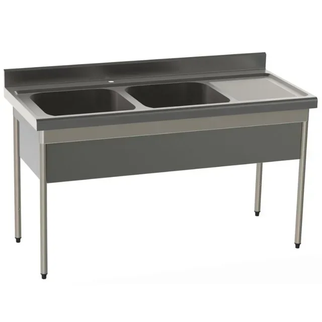 Lava-Louças Profissional 2 Cubas com Escorredor Direito e Painel Inferior - Profundidade 700 mm - Comprimento 1600 mm