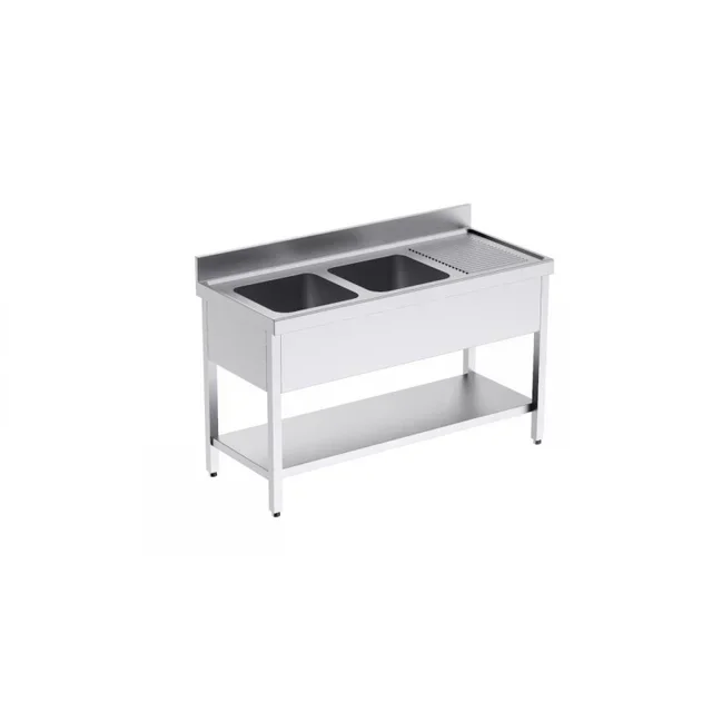 Plonge Inox 2 Bacs + Égouttoir Droit avec Étagère - 1400 x 550 mm