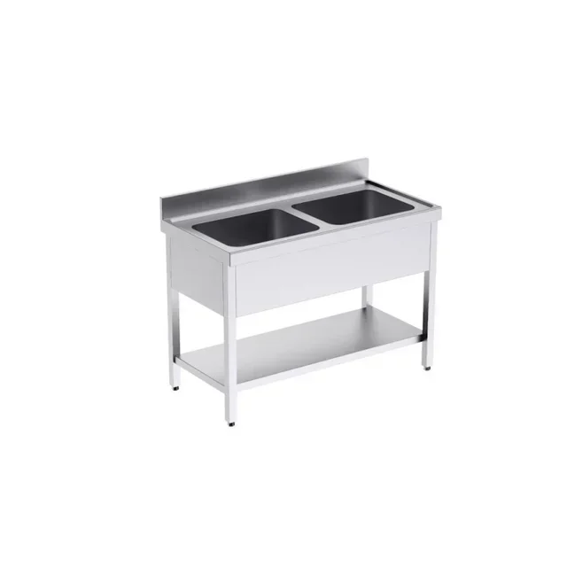 Plonge Inox 2 Bacs avec Étagère de Travail - Longueur 120 cm Profondeur 60 cm