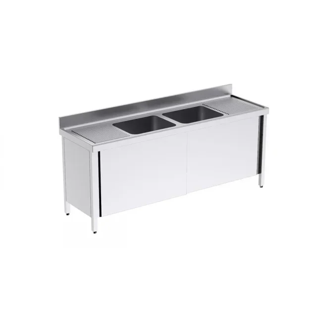 Fregadero Profesional 2 Cubetas con Puertas Correderas y Escurridores Bilaterales - L 2000 x P 600 mm