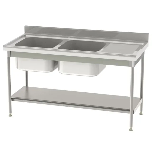 Edelstahlspüle 2 Becken mit rechtem Abtropfbrett und oberem Regal - Tiefe 70 cm - Breite 180 cm