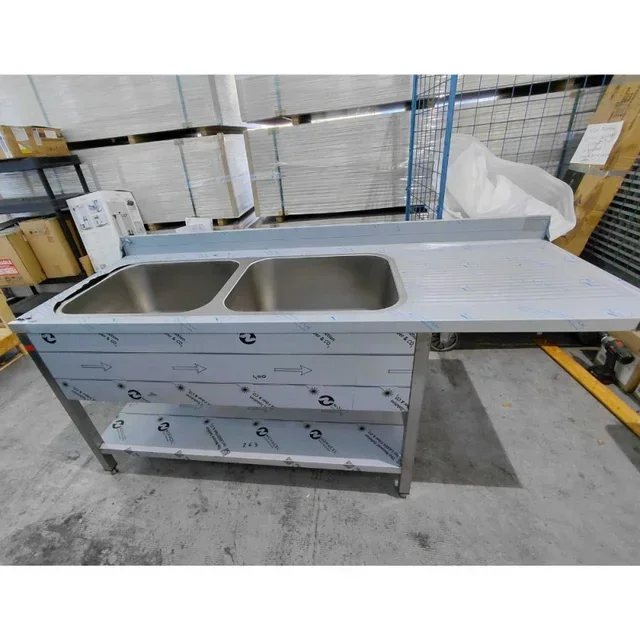 Double Professional Sink 2 Basins + Dishwasher Inlet and Right Drainer - 2000x700 mm - Refurbished